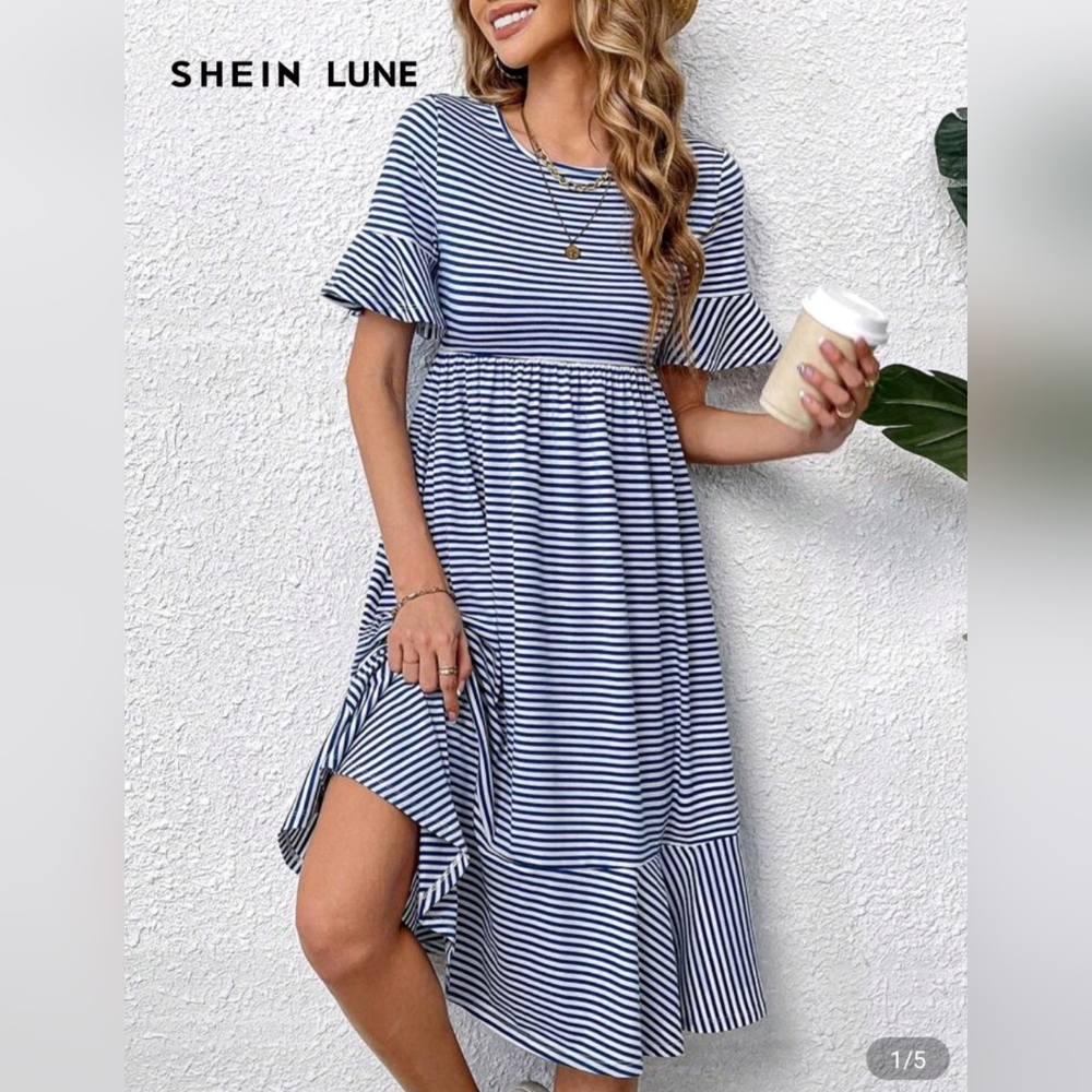 SHEIN Blue and White Striped Midi Dress Womens Medium
